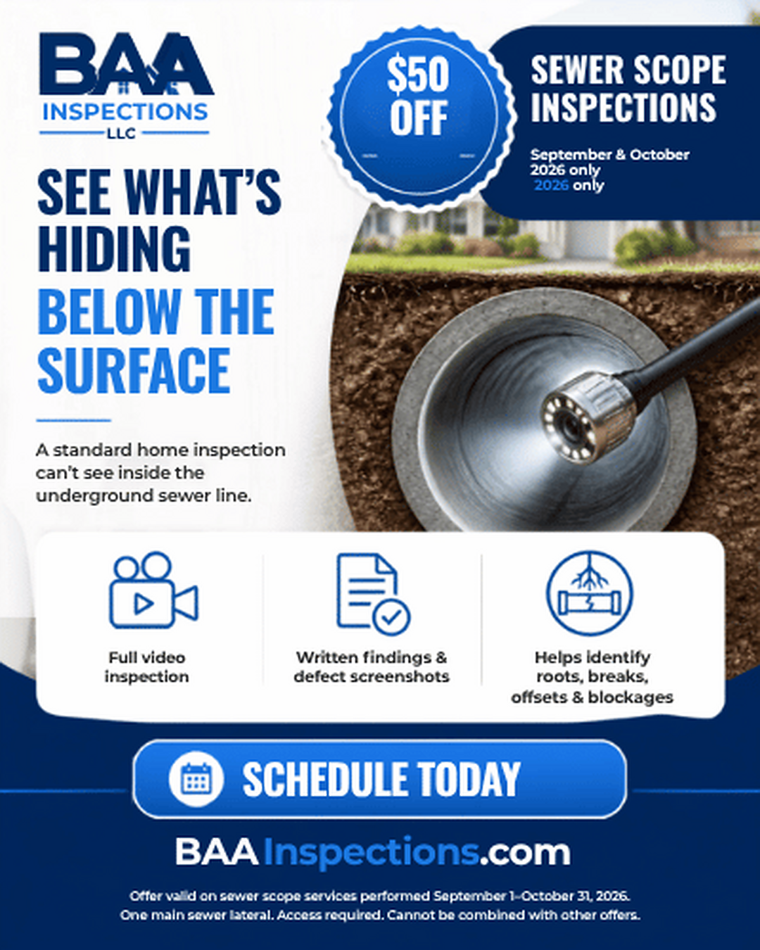 BAA Inspections sewer-scope promotion offering $50 off in September and October 2026